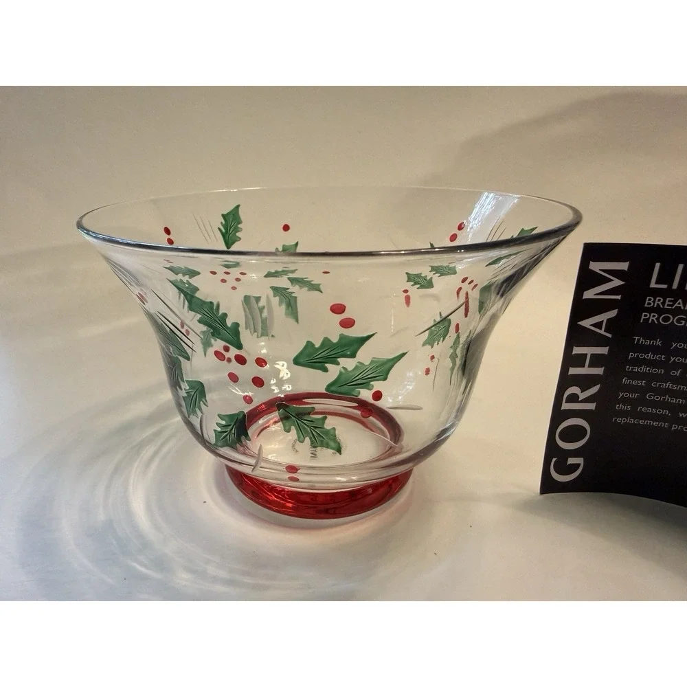 Gorham Festive Holly Candy Dish Hand Cut Painted 5" Diameter Christmas Glass - Picture 1 of 10
